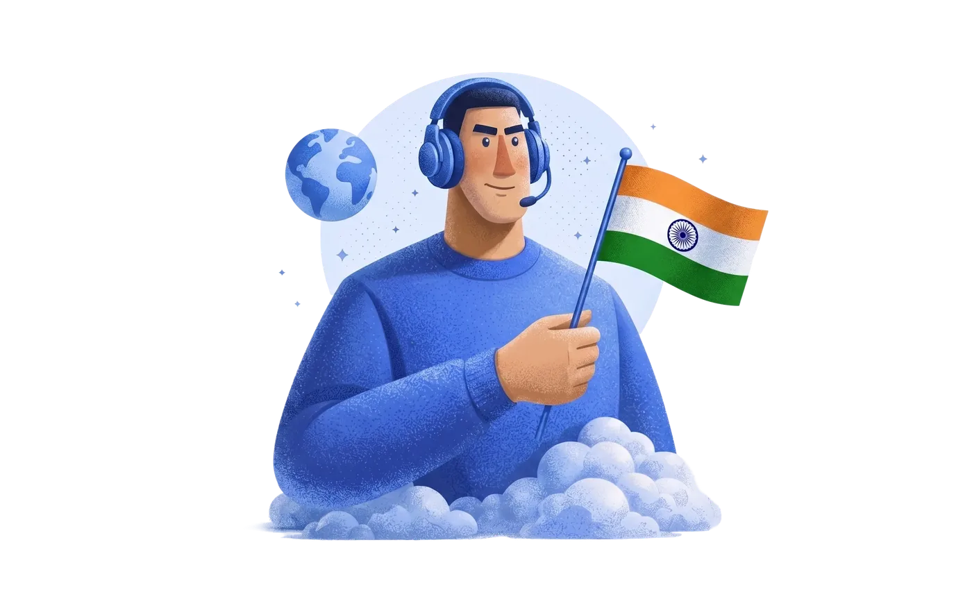 A person in a headset holding the Indian flag beside a globe
