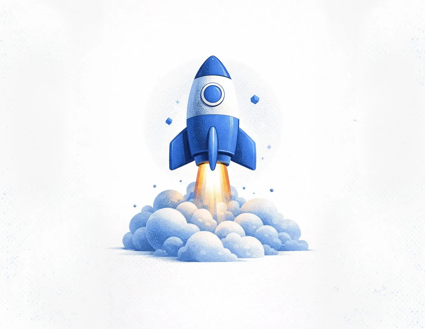A blue rocket launching off a bank of clouds