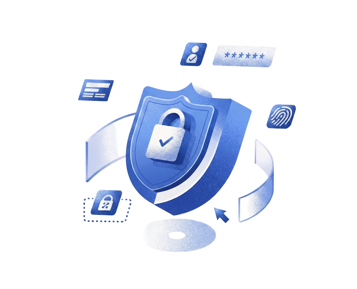 A 3D shield and padlock orbited by fingerprint, ID-card and password icons — the SubhX Verify identity-verification suite